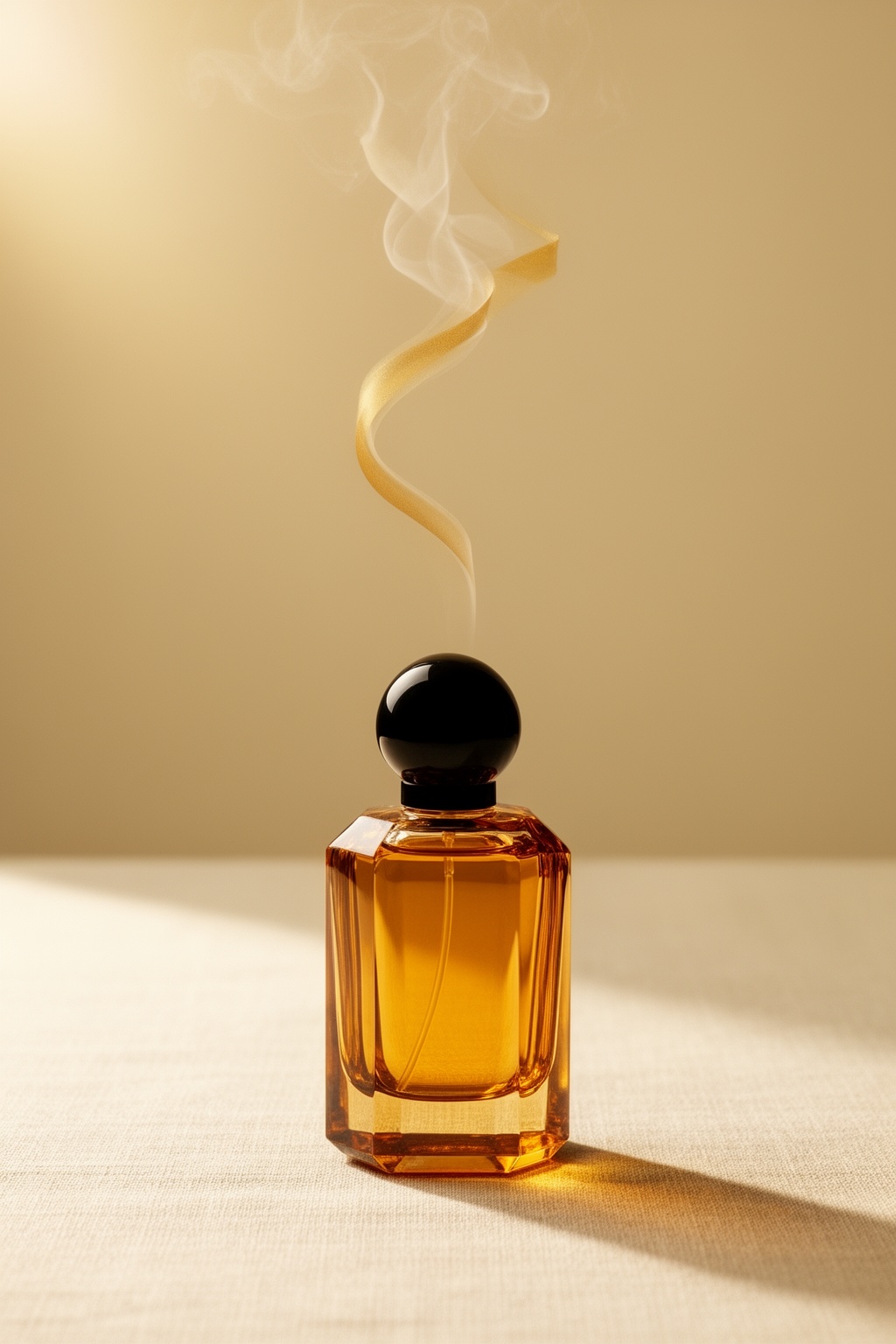 Amber perfume bottle with golden mist